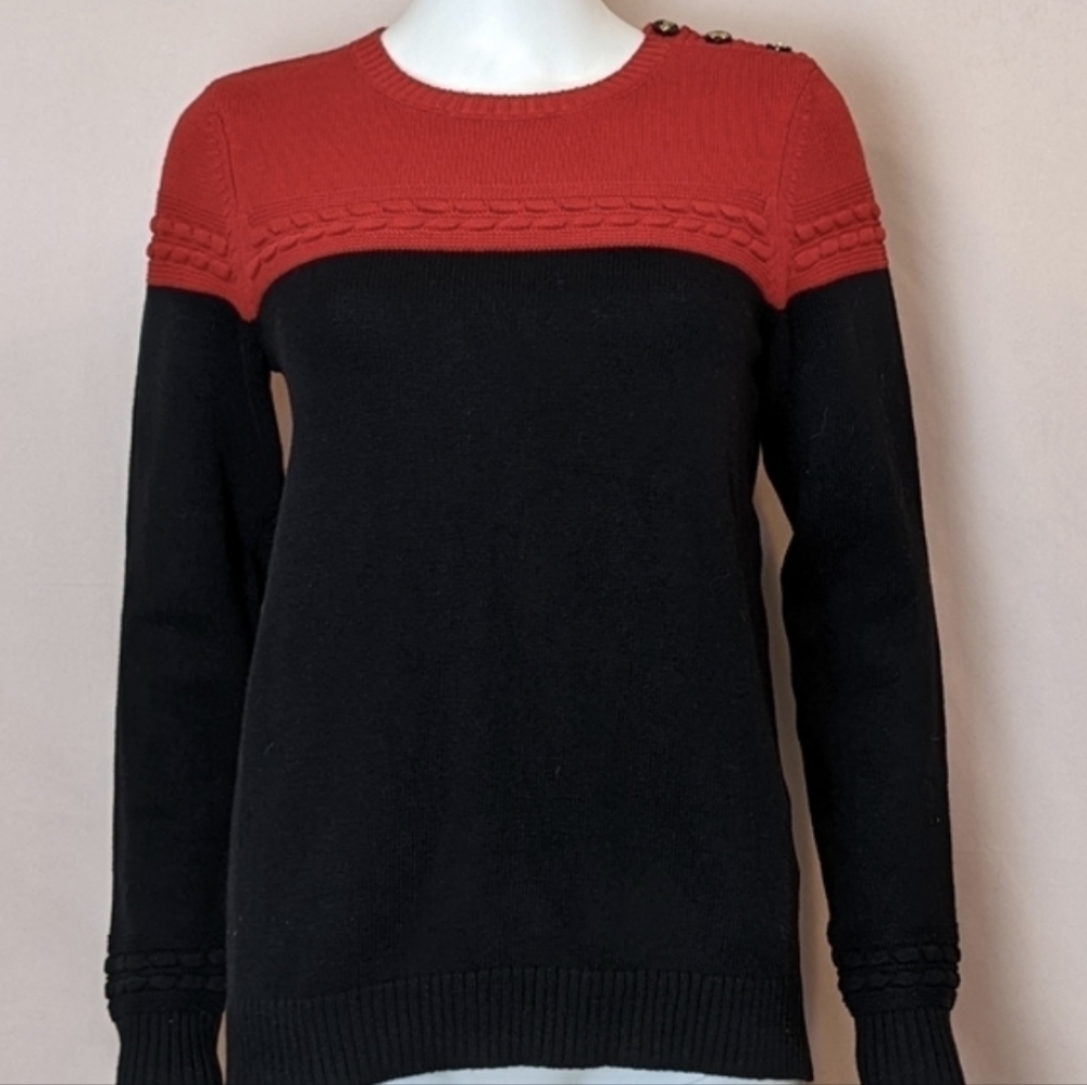 Charter Club Red and Black Crew Neck Christmas Sweater with Buttons size Small